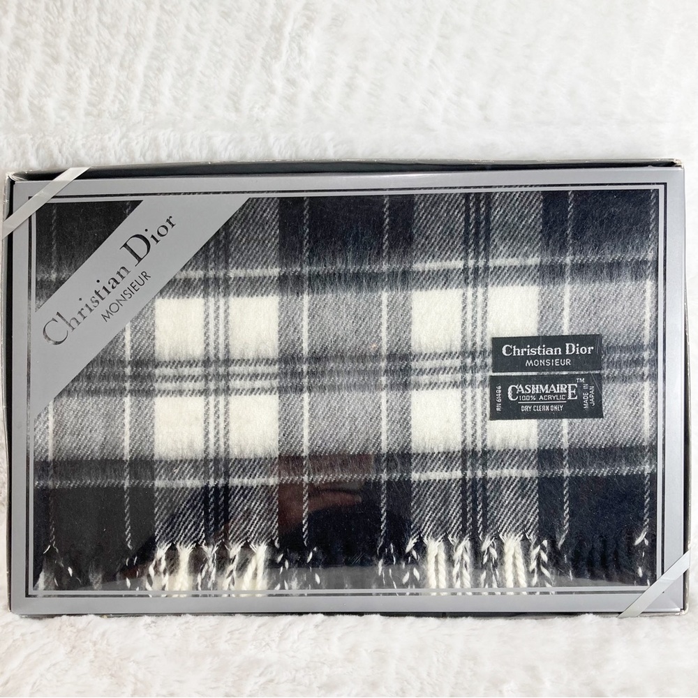 Vintage Christian Dior Monsieur Plaid Fringed Scarf Cashmaire 100% Acrylic NEW